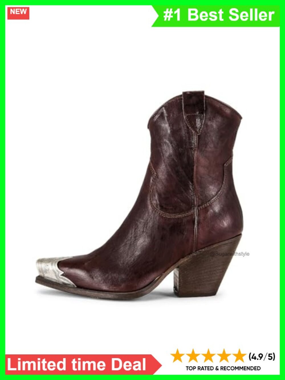 Women's Cowboy Ankle Boots Metal Toe Stacked Block Heel Side Zip Western Short